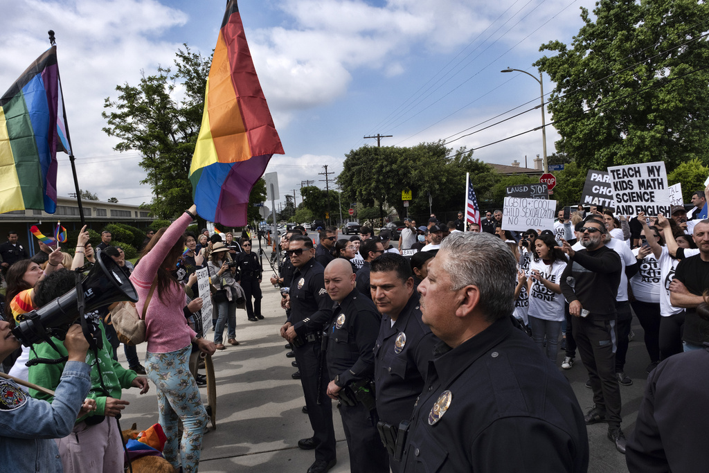 Protests erupt outside Los Angeles elementary school's Pride month assembly